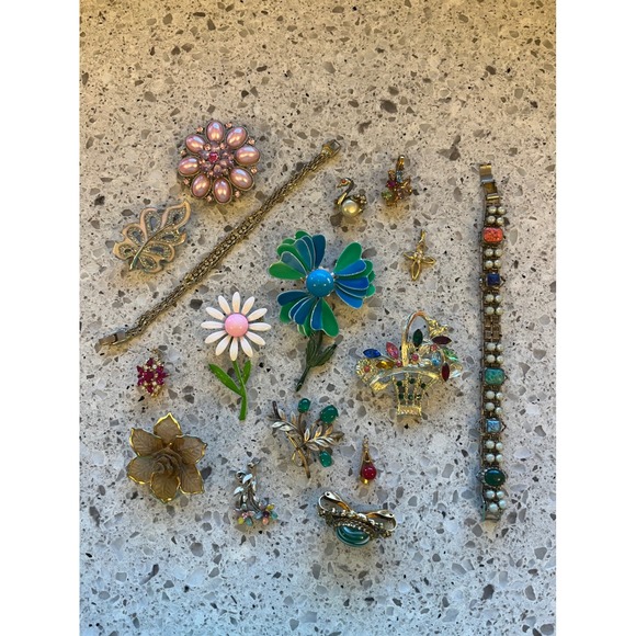 Jewelry - Vintage Costume Jewelry Lot Enamel Flower Brooches Rhinestone Pendants Bracelet